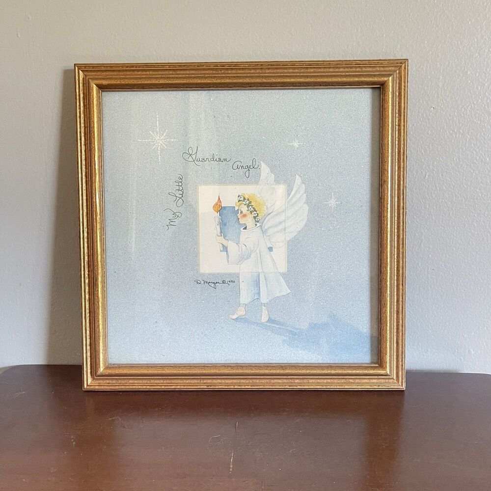 Vintage Frame Signed 1990 Print My Little Guardian Angel By D Morgan 11.5x11.5in